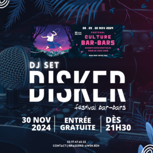 Affiche soirée festival Bar-Bars ave DJ Disker à l'Awen Brew Pub le 30 novembre 2024 dès 21h30