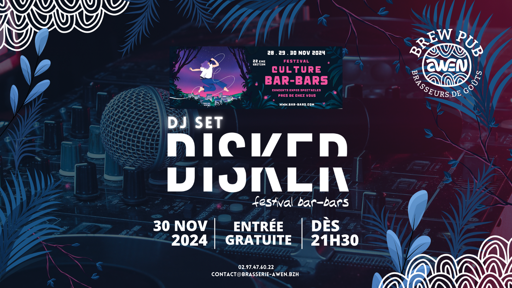 Affiche soirée festival Bar-Bars ave DJ Disker à l'Awen Brew Pub le 30 novembre 2024 dès 21h30