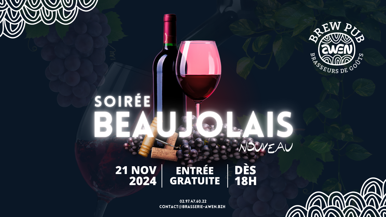 Affiche soirée Beaujolais Nouveau à l'Awen Brew Pub le 21 novembre 2024 dès 18h